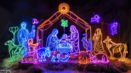 A neon nativity scene with vibrant and colorful lights, depicting the Holy Family and surrounding figures.
