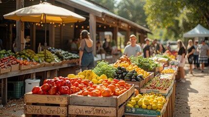 Obraz premium A variety of fresh produce is displayed on wooden crates at an outdoor market.