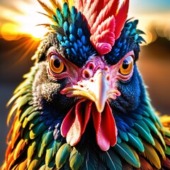 Closeup of colorful rooster, farm animal chicken head