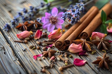 A close-up image showcasing a beautiful arrangement of cinnamon sticks, star anise, lavender, and rose petals on a rustic wooden surface. Generative AI