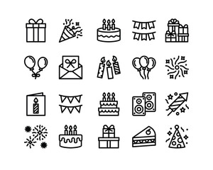 Party icon set. Includes icons such as cake, gifts, balloons, fireworks and more. Birthday Outline icon collection. simple vector illustration