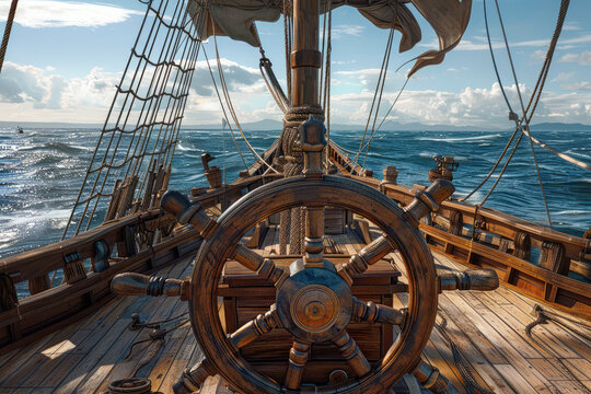 View of the deck from behind the wheel on a wooden ship ship
