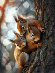 Fototapeta premium Three little squirrels hugging each other in a tree close up 