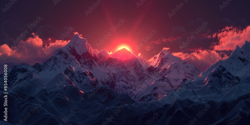 Aufkleber a computer generated image of a mountain range with a sun in the sky. generate ai image