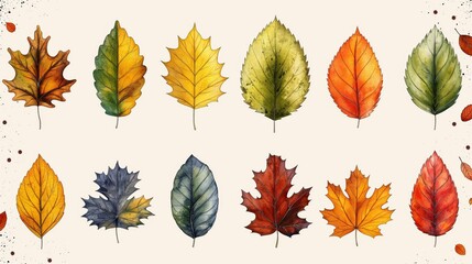 Naklejka premium An artistic display of various autumn leaves, showcasing a spectrum of fall colors and intricate vein patterns.