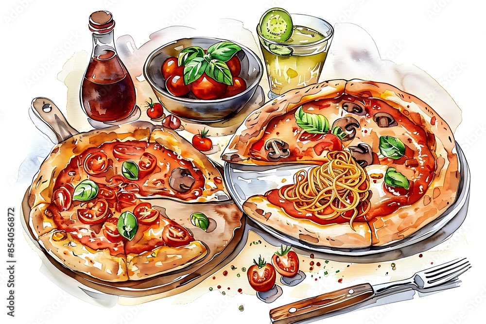 Wall mural         waterclour Set of delicious homemade pizzas.