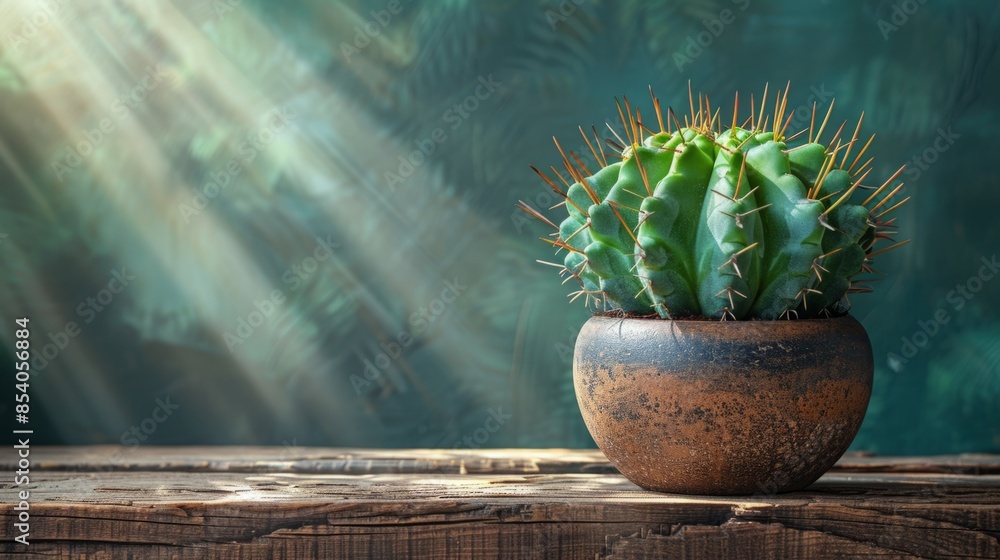 Poster A close-up of a spiky, round cactus in a brown pot resting on a wooden table. Sunlight streams in from the left side of the image.