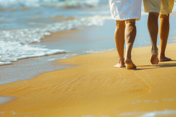 Closeup of an elderly couple holding hands while walking on a sandy beach, vibrant ocean background