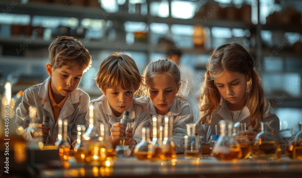 Aufkleber four children in lab coats conduct a science experiment in a brightly lit laboratory, examining beak