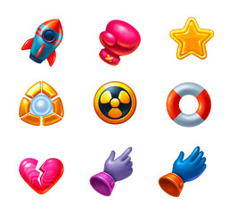Set of game icons, boosters.  Assets for Mobile Game suitable for use in casual games and match 3 on transparent background PNG. Gaming UI. Raster version