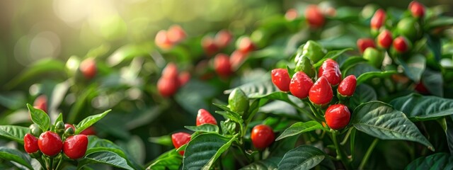 Obraz premium A vibrant red pepper group grows atop a verdant plant, generously adorned with numerous green leaves