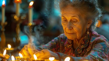 Obraz premium Elderly woman lighting candles in a serene church setting