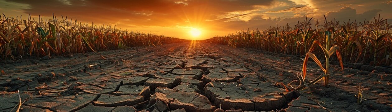 Sunset over a droughtstricken cornfield with cracked soil and fallen ears of corn, highlighting severe drought conditions and crop failure 8K , high-resolution, ultra HD,up32K HD