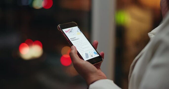 Night, office and hands of person with phone screen, digital application and news website to scroll. Working late, journalist and smartphone for reading, online story and article after publishing