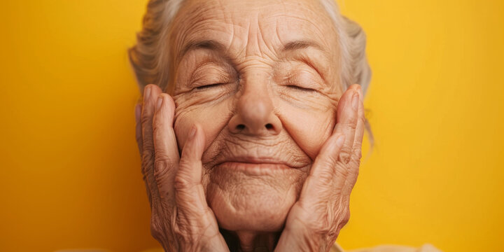 a Caucasian elderly person with a serene expression on a yellow studio background
