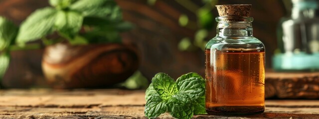  A bottle of peppermint oil and a fresh sprig of peppermint on a weathered wooden table