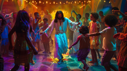 Jesus celebrating with children in a vibrant and festive setting, surrounded by colorful lights.
