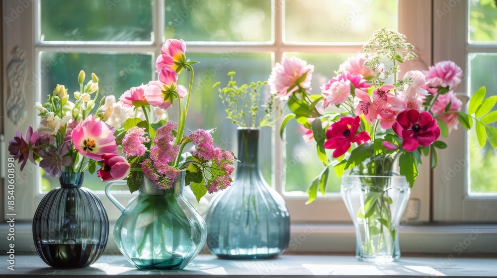 Poster a close-up image of four vases of flowers arranged on a windowsill in front of a sunny window. the f