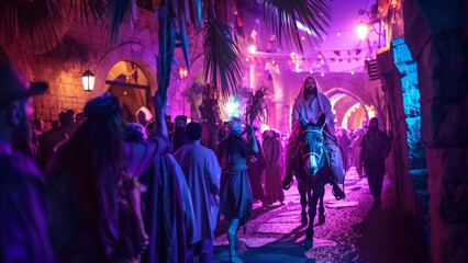 Jesus' way to Jerusalem on a donkey in neon color and neon style
