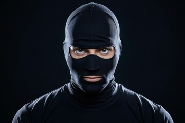Portrait of man wearing black balaclava mask isolated on black background