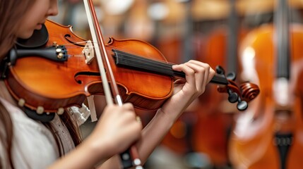 Fototapeta premium A woman is holding a violin and smiling
