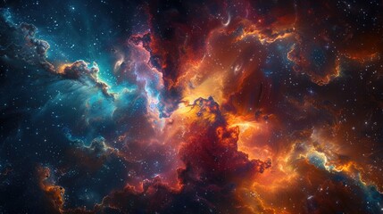 Fototapeta premium A vibrant nebula with swirling clouds of gas and dust, glowing with colors of red, orange, blue, and purple.