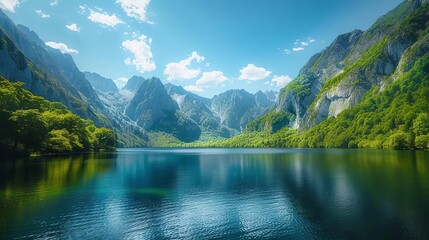 Scenic view of a serene mountain lake surrounded by lush green forest and majestic peaks on a sunny day with blue sky and fluffy clouds.