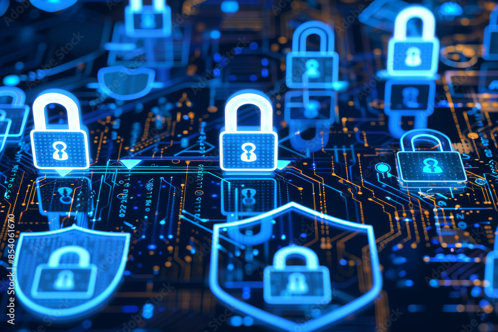 Poster a digital representation of cybersecurity with glowing blue padlocks and circuit boards, illustratin