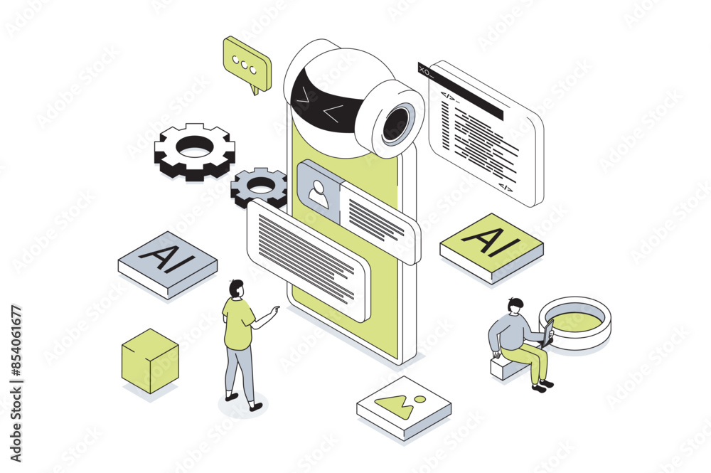 Poster Artificial intelligence 3d isometric concept in outline isometry design for web. People working and programming ai robots, creating chatbot, machine learning and cyber automation. Vector illustration.