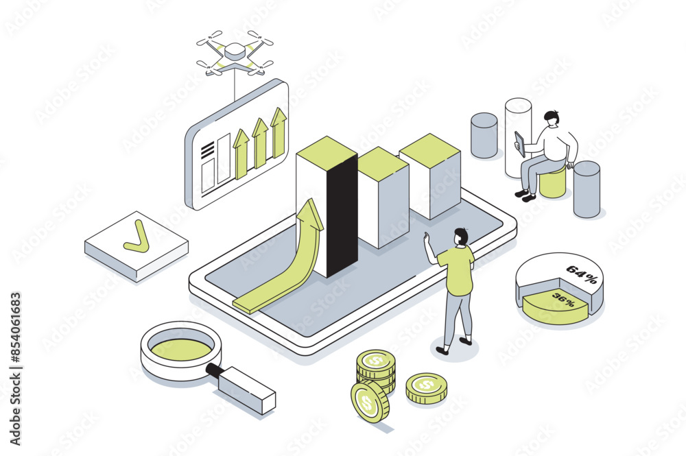 Poster business strategy 3d isometric concept in outline isometry design for web. people analyzing financia
