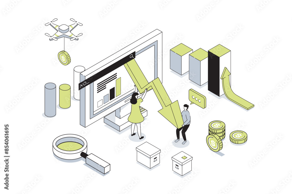 Fototapete Crisis management 3d isometric concept in outline isometry design for web. People analyzing data with down arrow, brainstorming and creating idea, solving problem with strategy. Vector illustration.