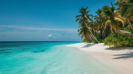 Tropical island beach with white sand, turquoise water, and palm trees under a clear blue sky, perfect for vacations and travel.