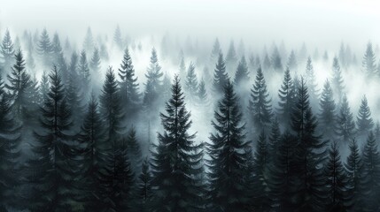 Fototapeta premium a dense forest with a misty atmosphere, showcasing tall trees in a mountainous landscape with green conifer and pine tree foliage, in the style of dark fantasy concept art.
