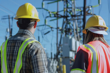 Two utility workers in safety gear inspect electrical infrastructure on a clear day, focusing on power lines and equipment maintenance.