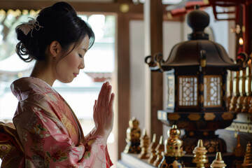 Fototapeta premium a Japanese Woman Praying at a Shrine: A Japanese woman bowing in prayer at a traditional Shinto shrine, her hands clasped together in reverence. The studio background is a serene white, representing