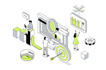 Data analysis 3d isometric concept in outline isometry design for web. People analyzing graphs and business reports, working with financial diagrams, making target and strategy. Vector illustration.