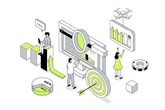 Data analysis 3d isometric concept in outline isometry design for web. People analyzing graphs and business reports, working with financial diagrams, making target and strategy. Vector illustration.