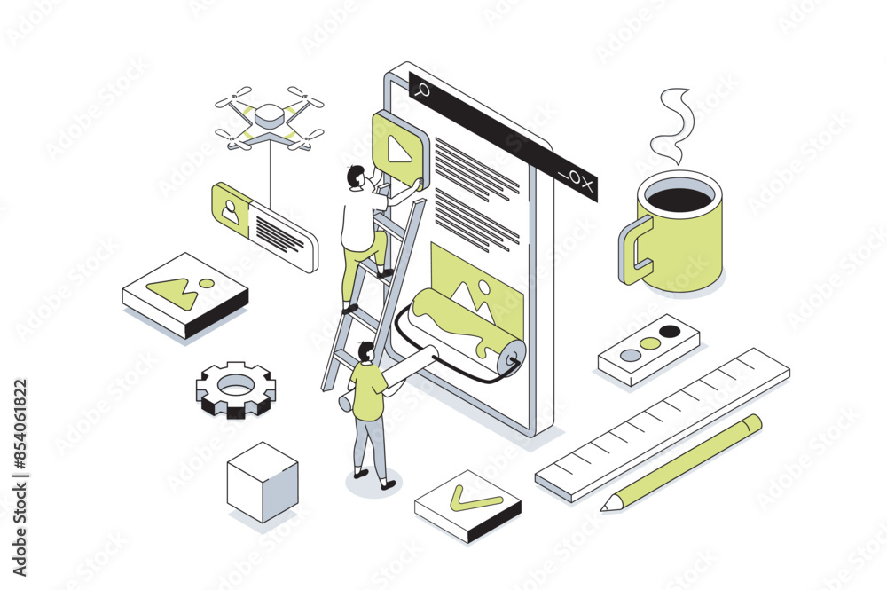Poster Web design 3d isometric concept in outline isometry design for web. People creating pages layouts, placing content blocks, programming and coding homepages for mobile phone. Vector illustration.