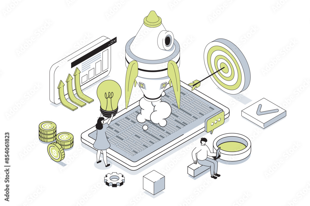 Fototapete Startup business 3d isometric concept in outline isometry design for web. People creating new project, planning work, attracting investment, realising entrepreneur ambitions. Vector illustration.