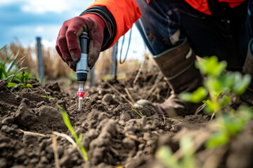 Scientist collecting soil sample in field for analysis. Agricultural research and environmental science concept.