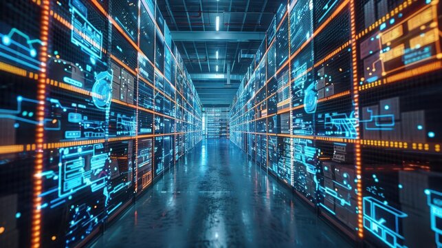 Blockchain supply management system in a bustling warehouse