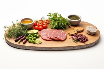 Assorted deli meats and herbs on cutting board against white background for culinary concept