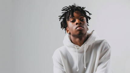 Fototapeta premium an African American teenager in trendy white streetwear, posing confidently on a white studio background