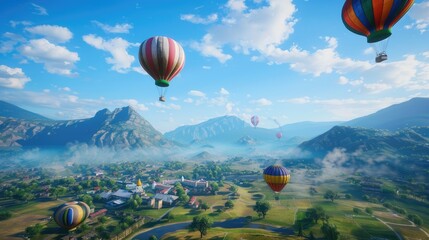 Fototapeta premium hot air balloons flying gracefully over a valley, set against a backdrop of distant mountains.