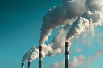 Industrial chimneys expelling smoke into a clear sky, representing pollution and environmental impact. Symbol of climate change and industry.