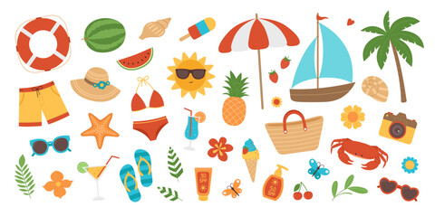 Colorful summer elements set. Beach collection with swimsuits, hat, sunglasses, palm, cocktails, fruits, ice cream and other stickers. Tropical vacation, holiday. Vector illustration