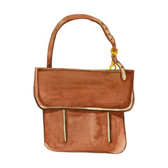 A brown letter bag with a pen over one shoulder, hand-painted in watercolor. The postman's bag. Watercolor illustration. Suitable for printing on fabric, paper, scrapbooking, design