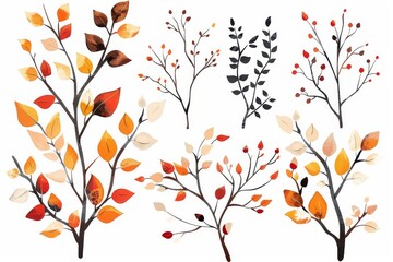 Branches drawing set, sketched autumn twigs, leaves, floral design elements, botany pictures
