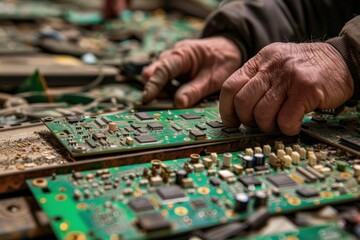 Fototapeta premium Close-up of an elderly worker's hands sorting electronic components on a cluttered table, emphasizing intricate manual labor in electronic waste recycling.