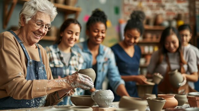 Elderly woman teaching a pottery class to a diverse group of young adults